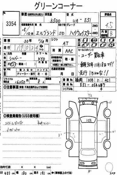 2003 Nissan Elgrand E51 Highway Star 2WD auction sheet